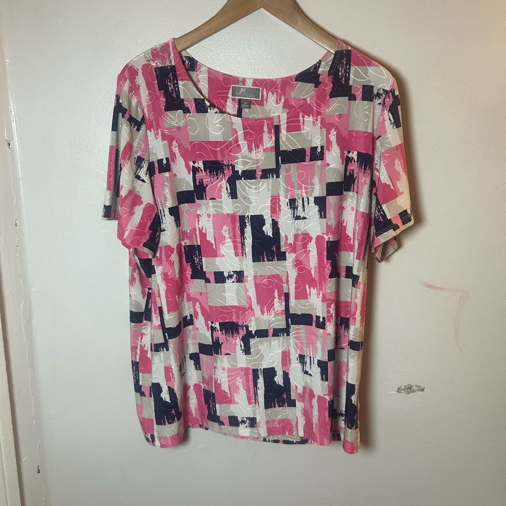 JM Collection Pink and Black Boxy Graphic Blouse